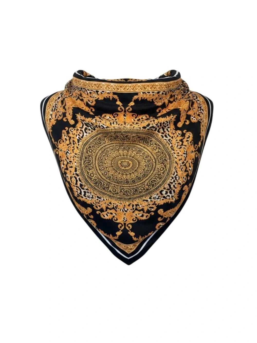 Black & Gold Ornate Medallion Silk-Style Scarf